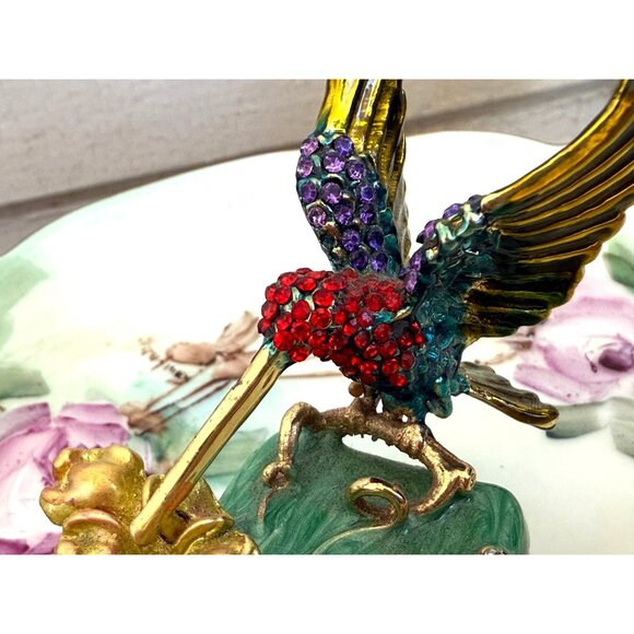 Vintage 90s Rhinestone Encrusted Hummingbird Ring Box Green Enamel - Picture 5 of 14